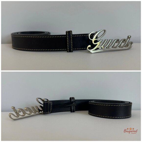 Authentic GUCCI Black Leather Silver Italics Script Logo Buckle Belt 90/36 - Picture 8 of 13